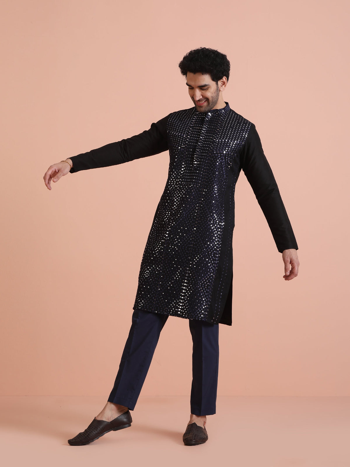 Black Poly Silk Mirror Work Kurta