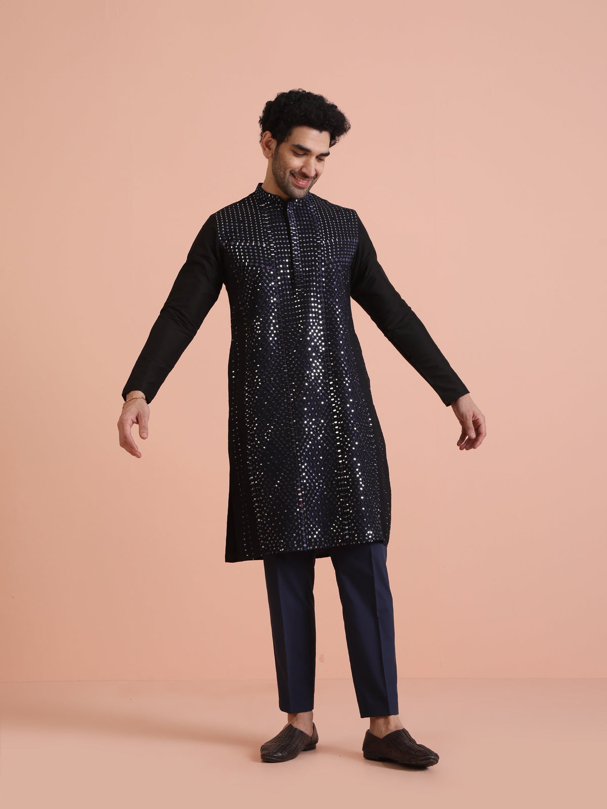 Black Poly Silk Mirror Work Kurta