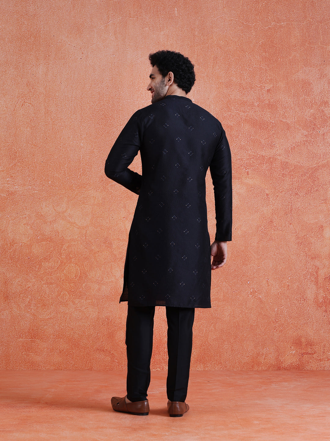 Black Silk Blend Jacquard Long Kurta
