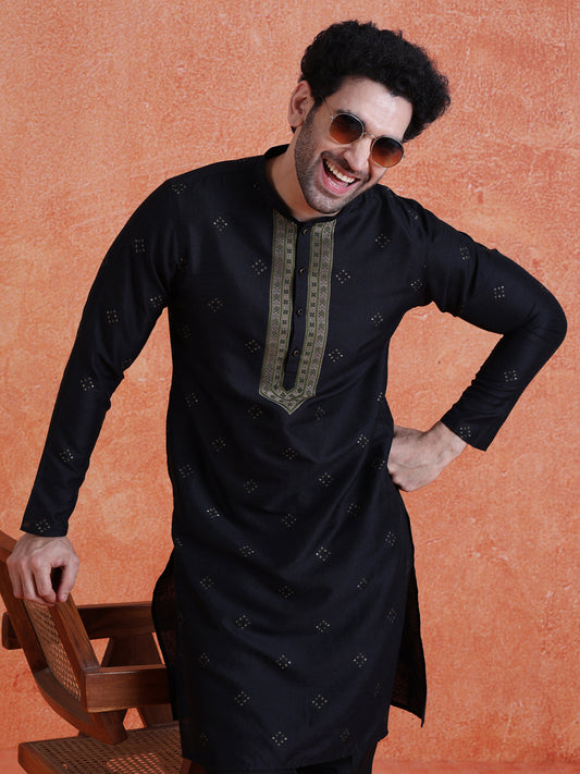 Black Silk Blend Jacquard Long Kurta