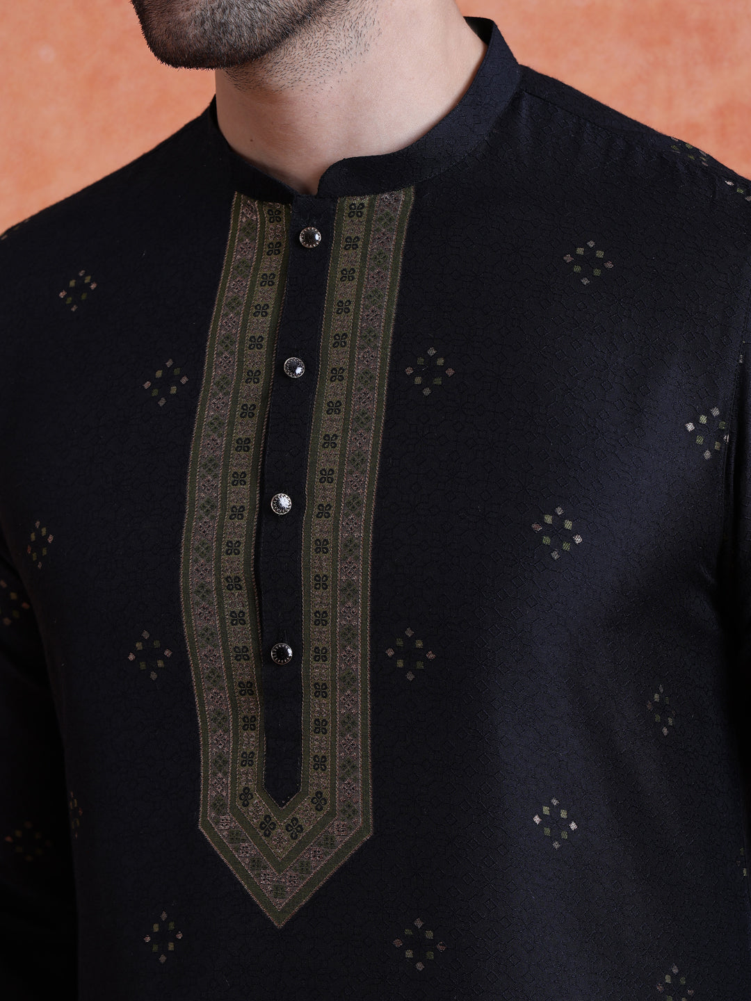 Black Silk Blend Jacquard Long Kurta