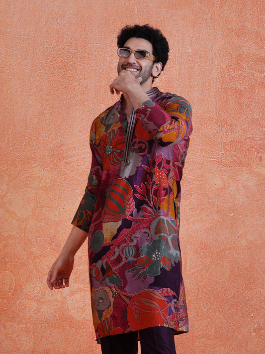 Multi-Color Silk Blend Printed Long Kurta