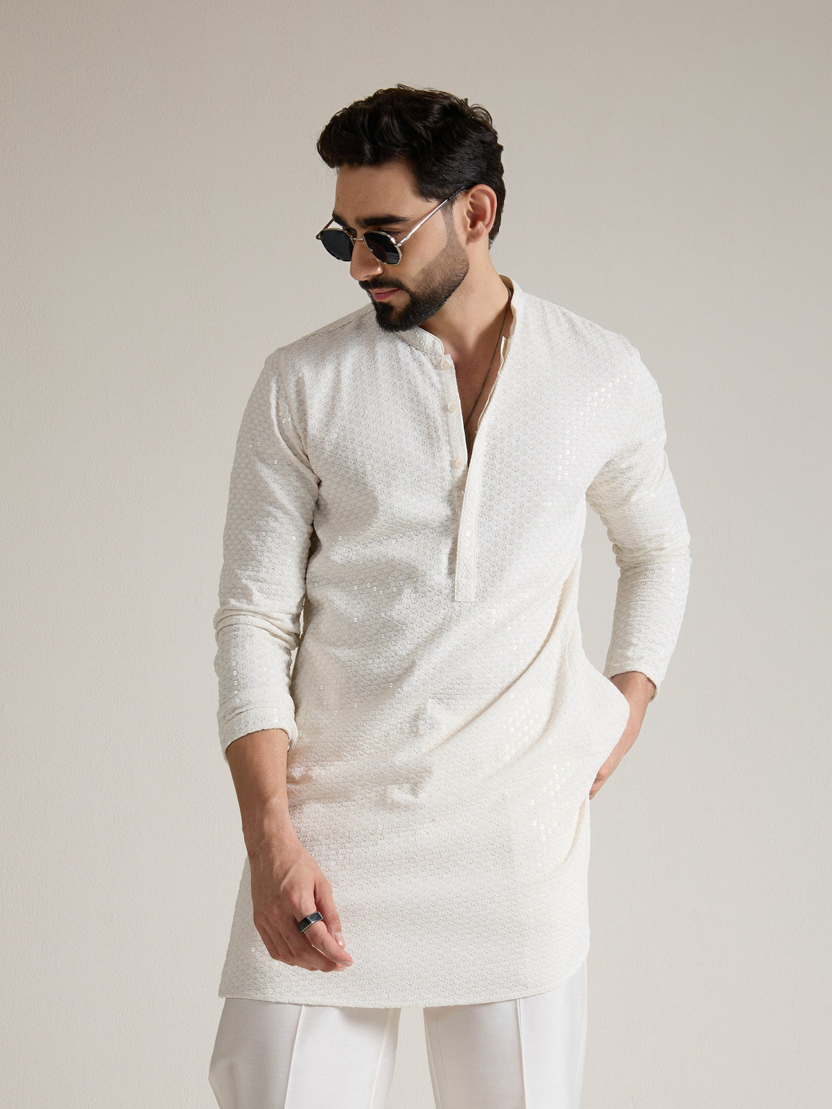 Mens White Blended Embroidery Kurta