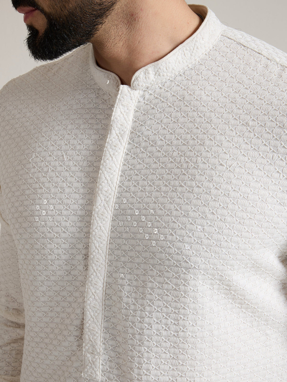 Mens White Blended Embroidery Kurta