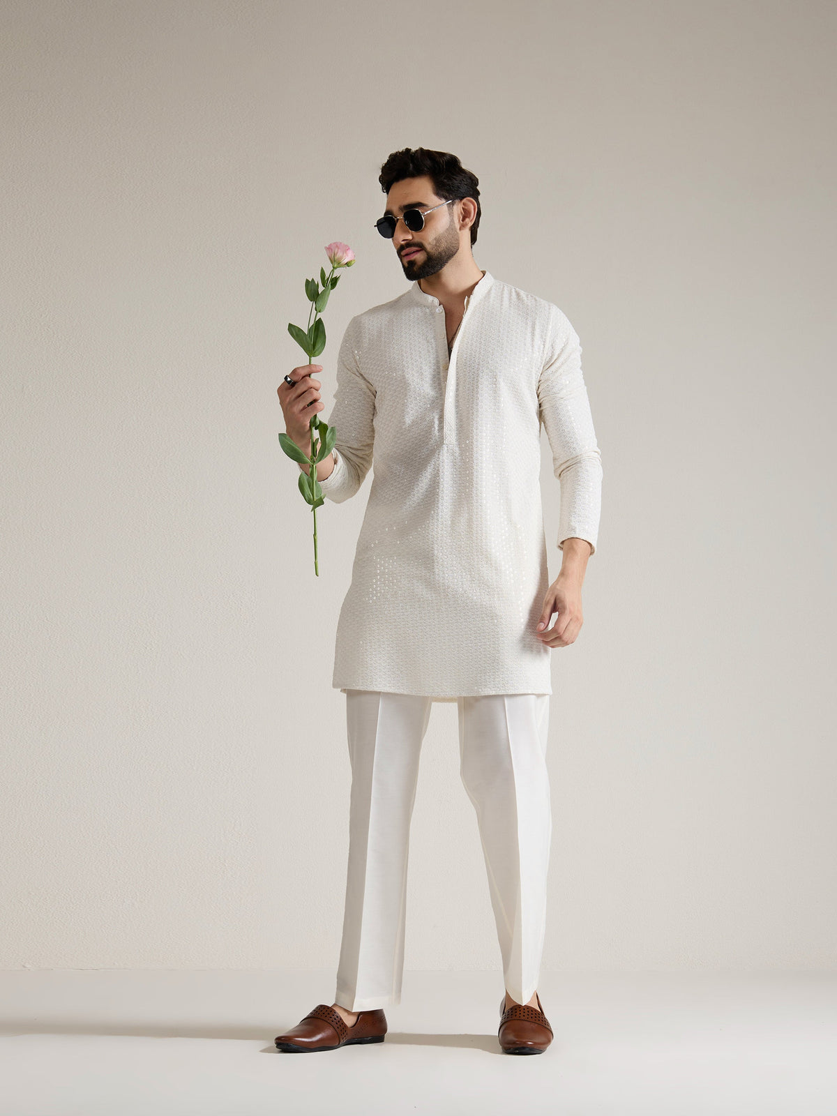 Mens White Blended Embroidery Kurta
