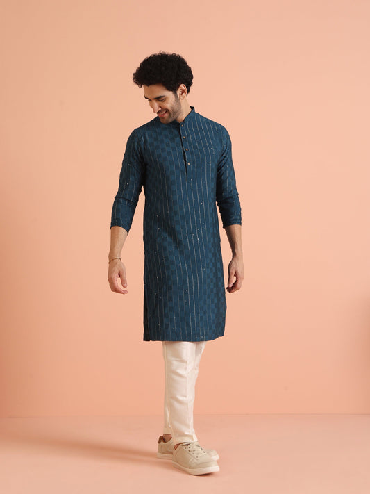 Teal Blue Jacquard Sequinned Kurta