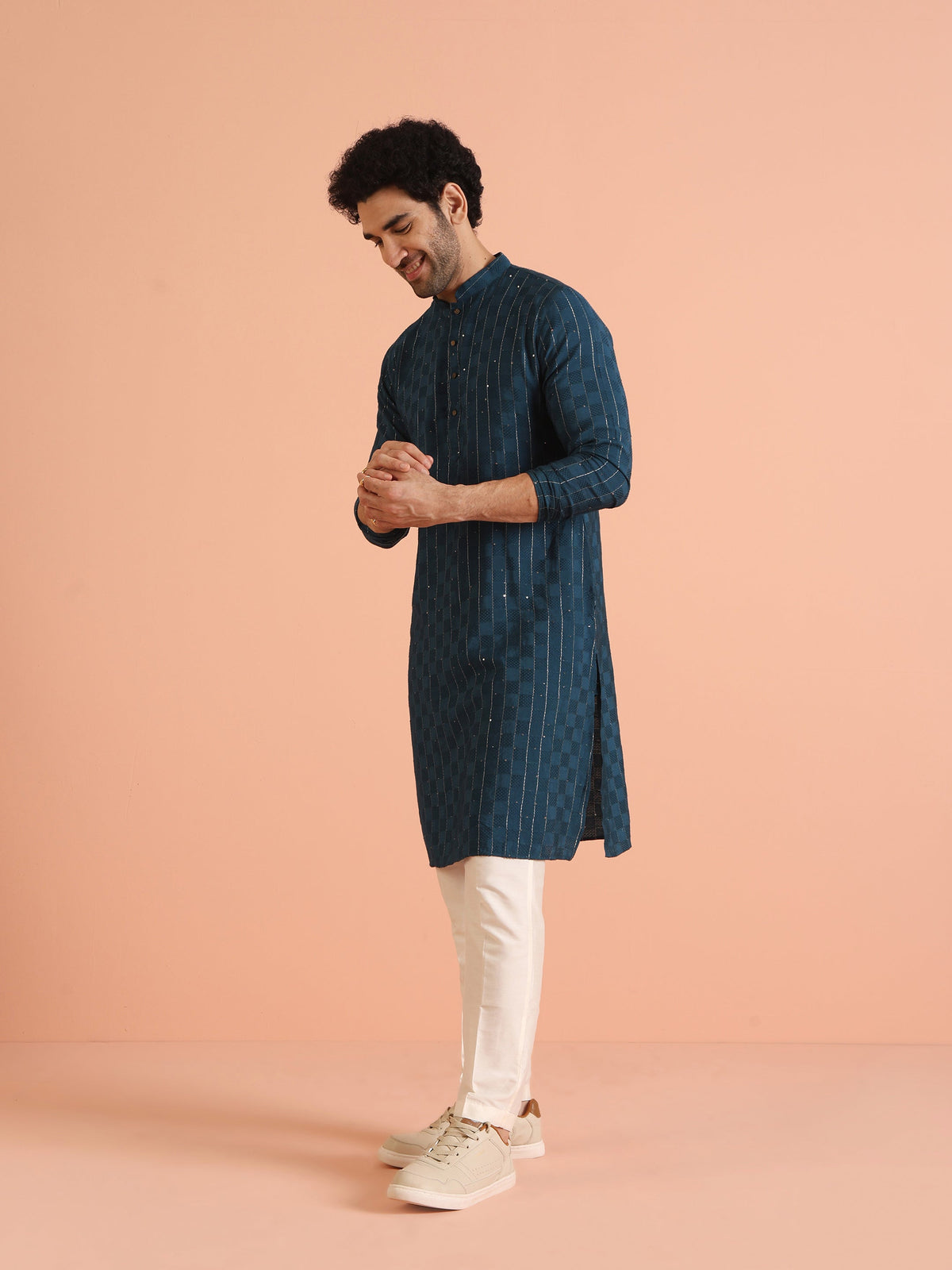 Teal Blue Jacquard Sequinned Kurta