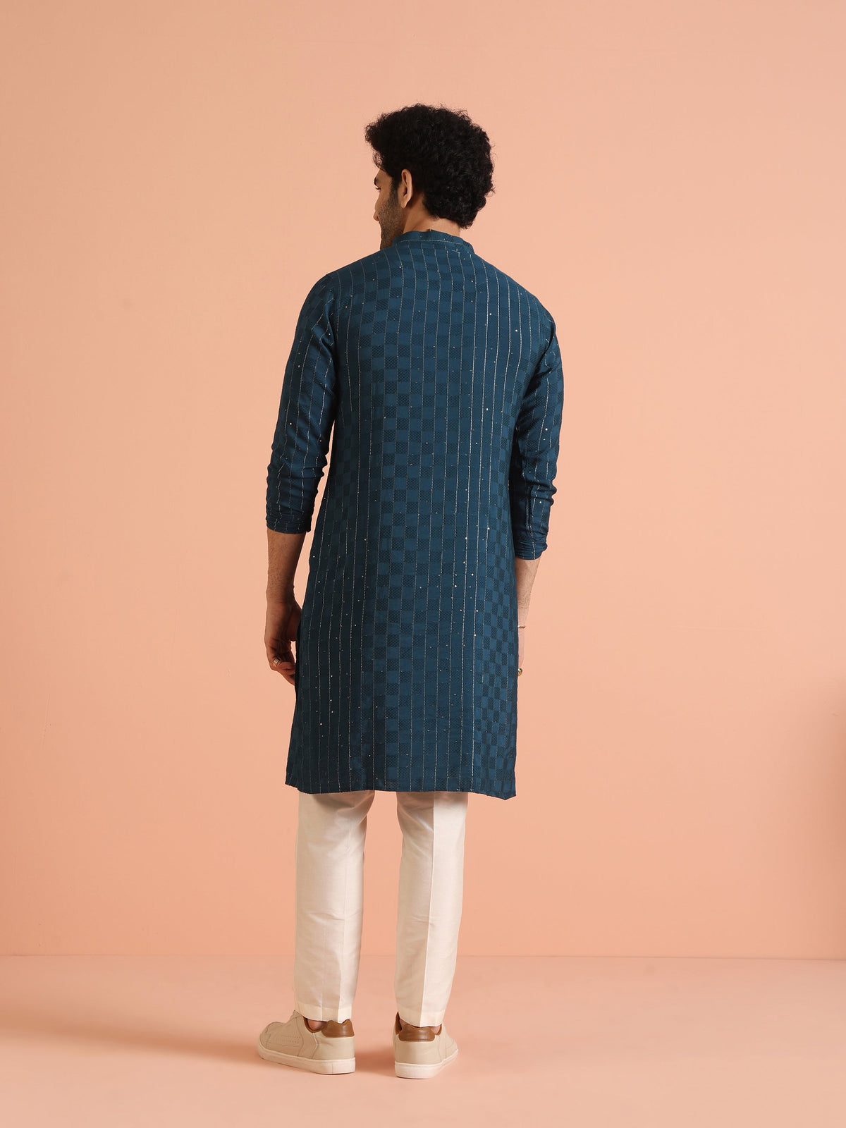 Teal Blue Jacquard Sequinned Kurta