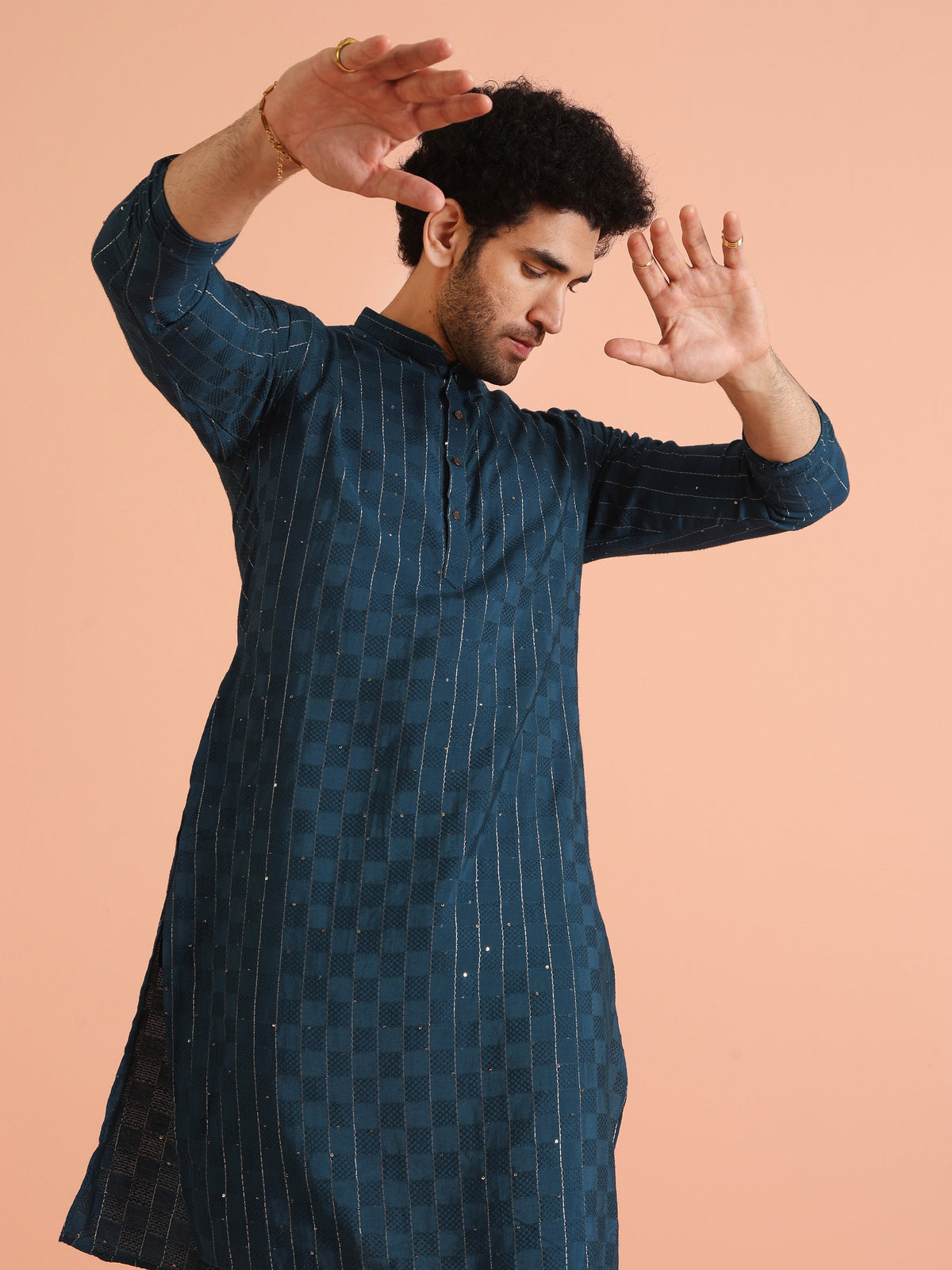 Teal Blue Jacquard Sequinned Kurta