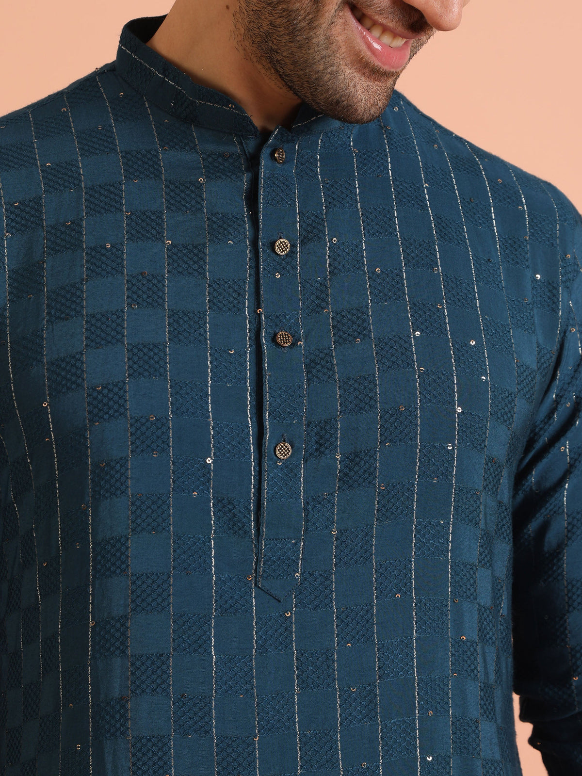 Teal Blue Jacquard Sequinned Kurta