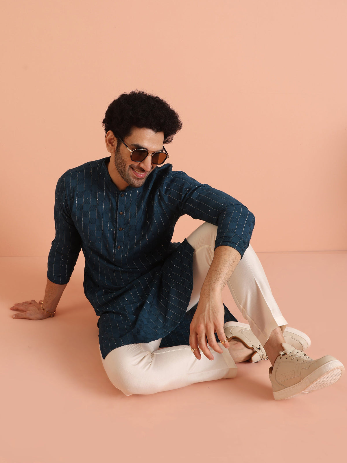 Teal Blue Jacquard Sequinned Kurta