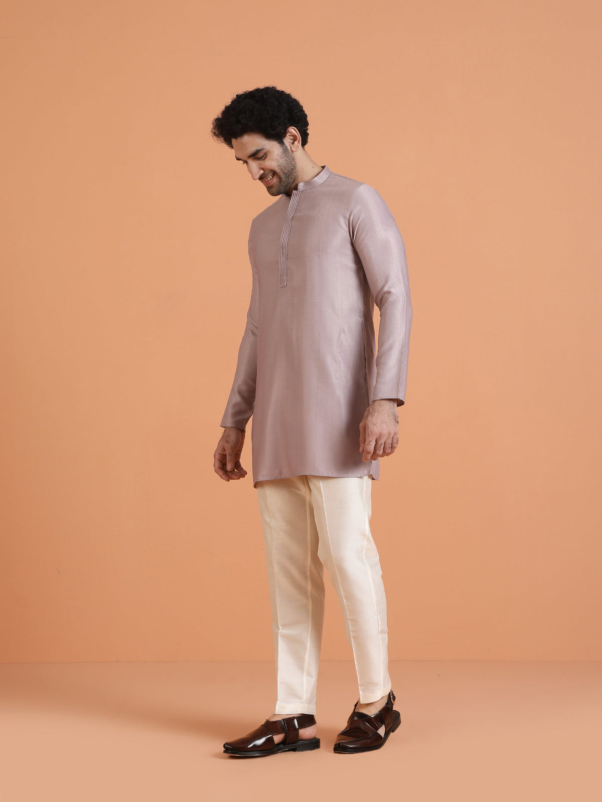 Lilac Silk Blend Solid Mid Kurta