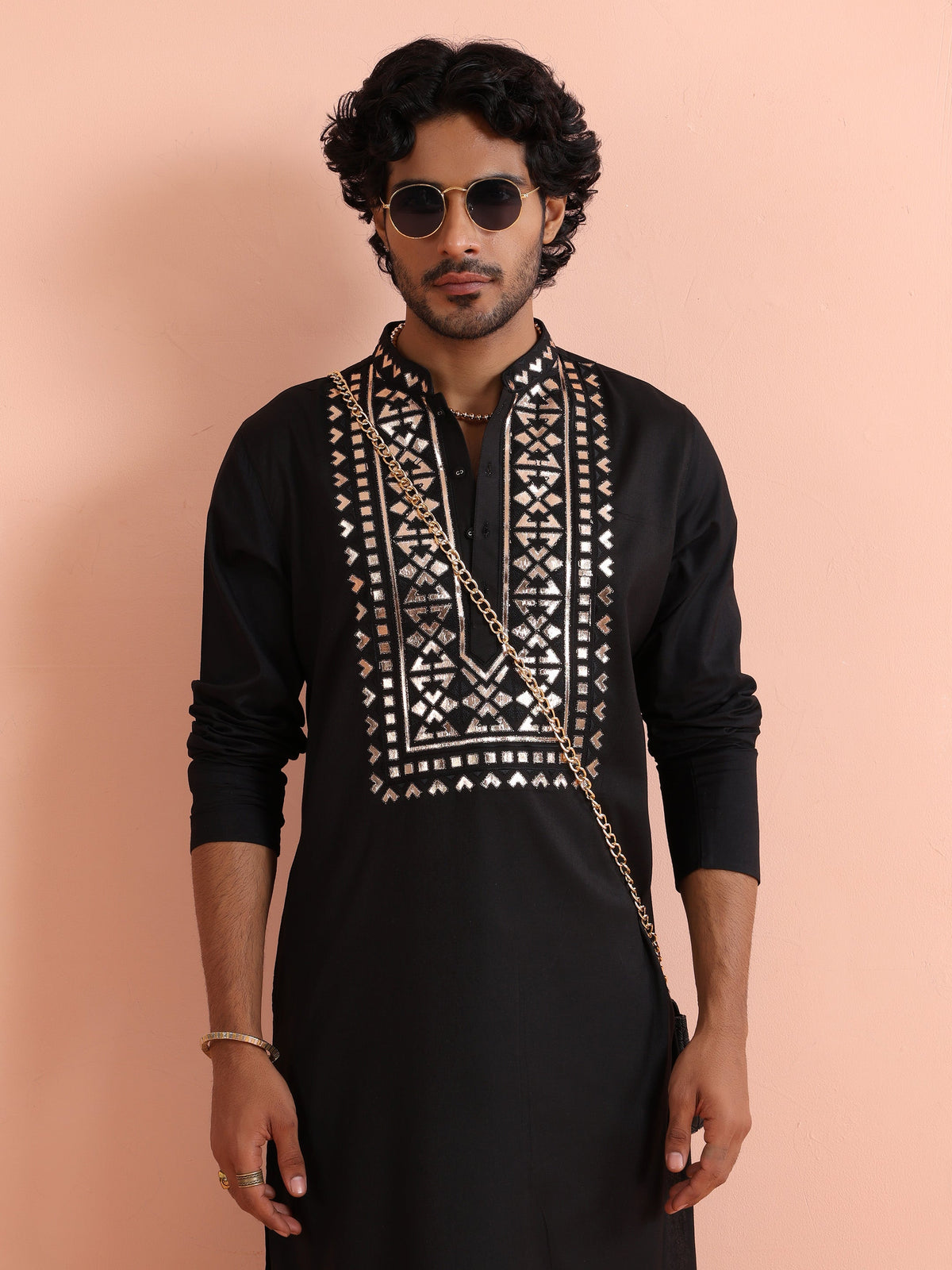 Black Metallic Embroidered Silk Kurta