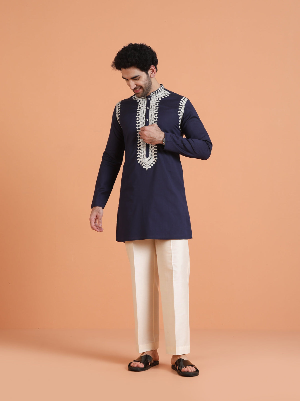 Navy Blue Cotton Silk Embroidered Mid Kurta