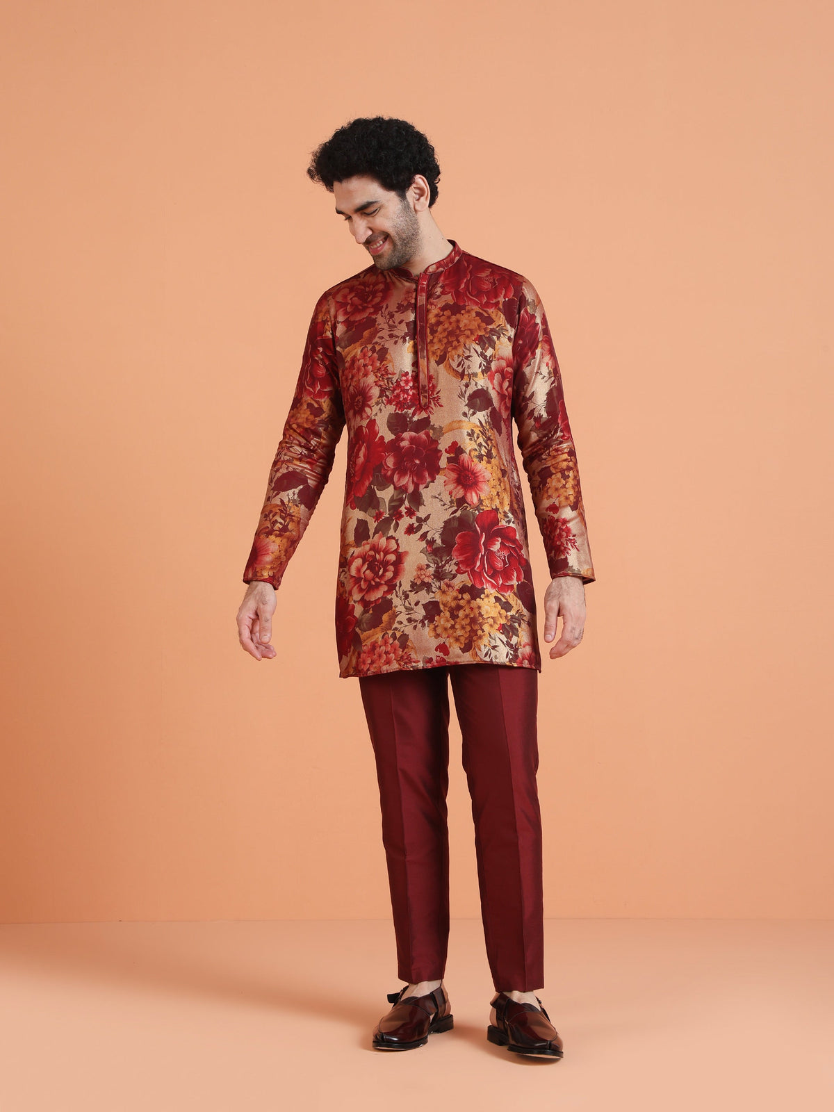 Maroon Art Silk Bold Floral Mid Kurta