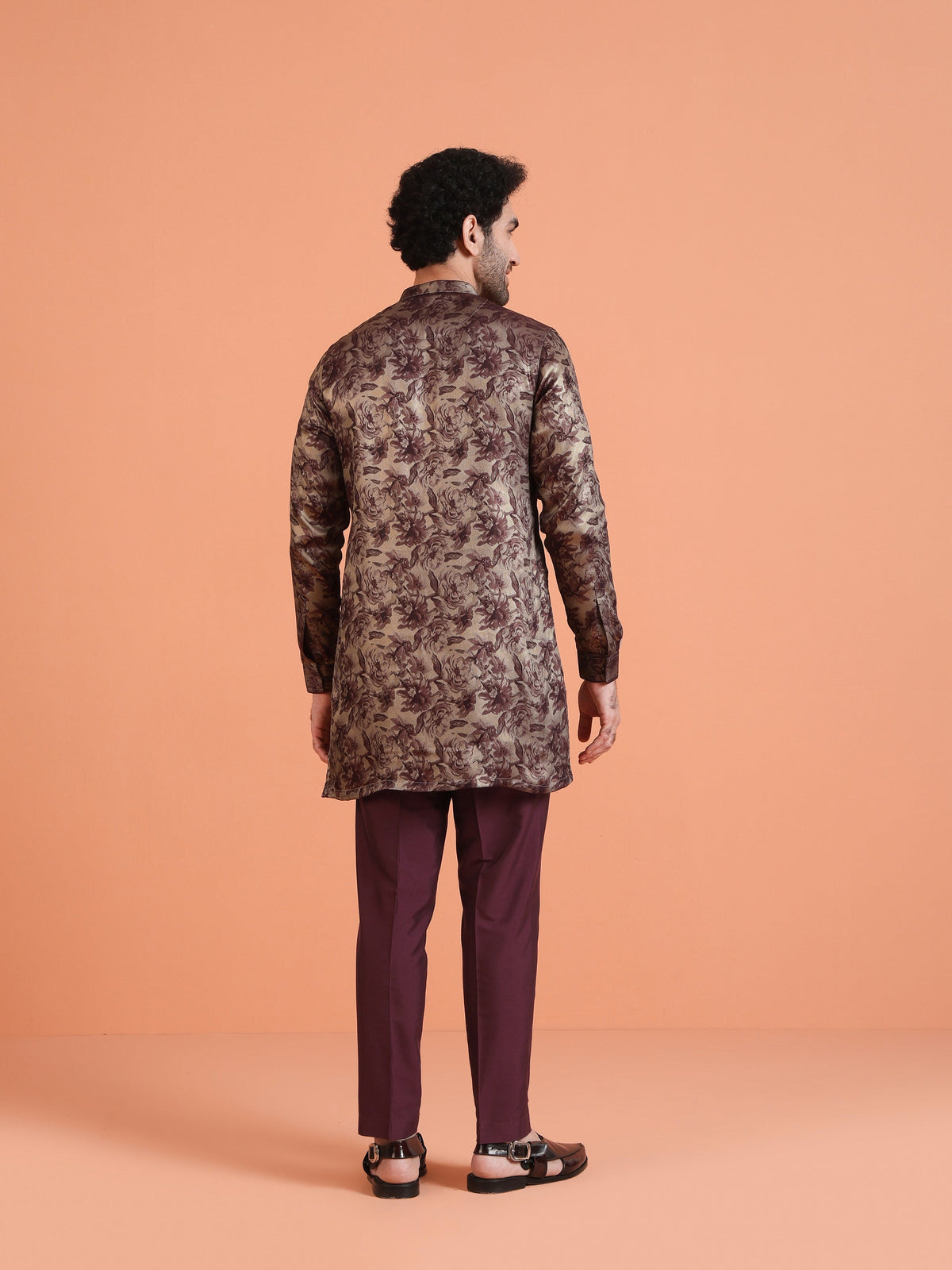Wine Art Silk Floral Front Open Mid Kurta