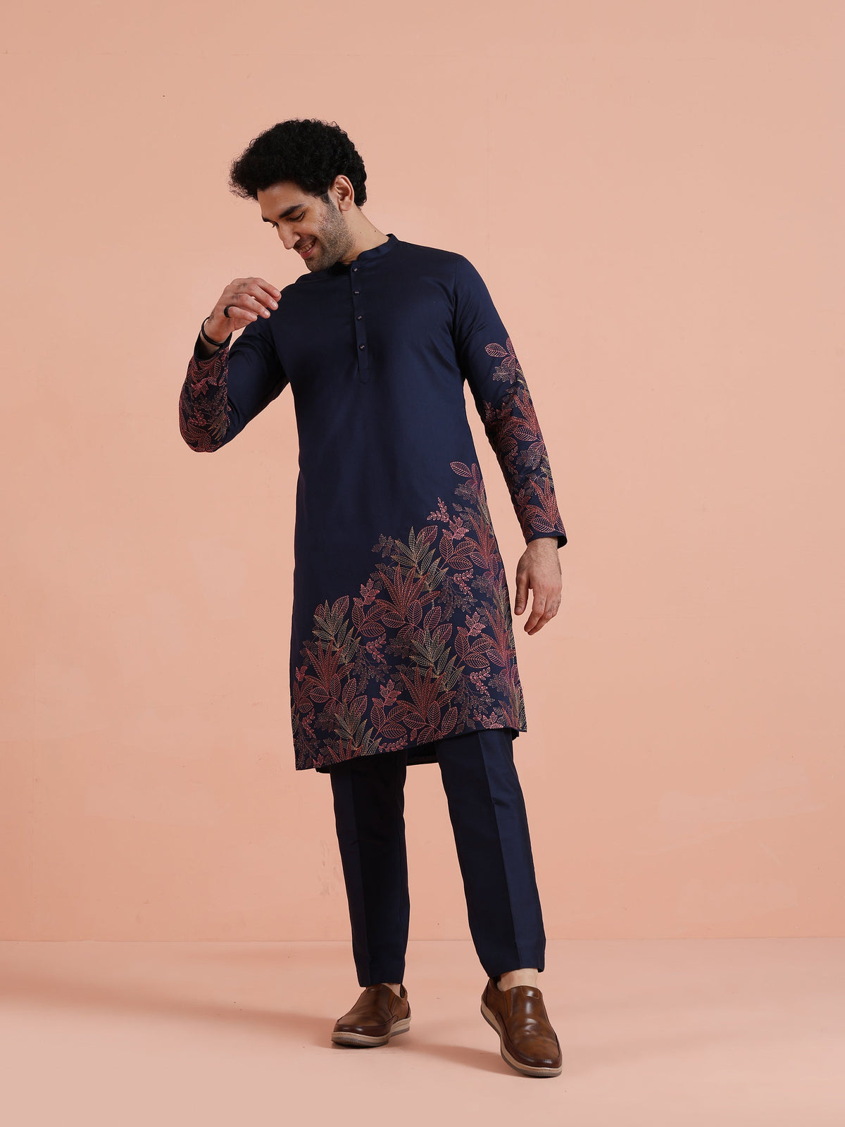 Navy Kurta with Red Embroidery