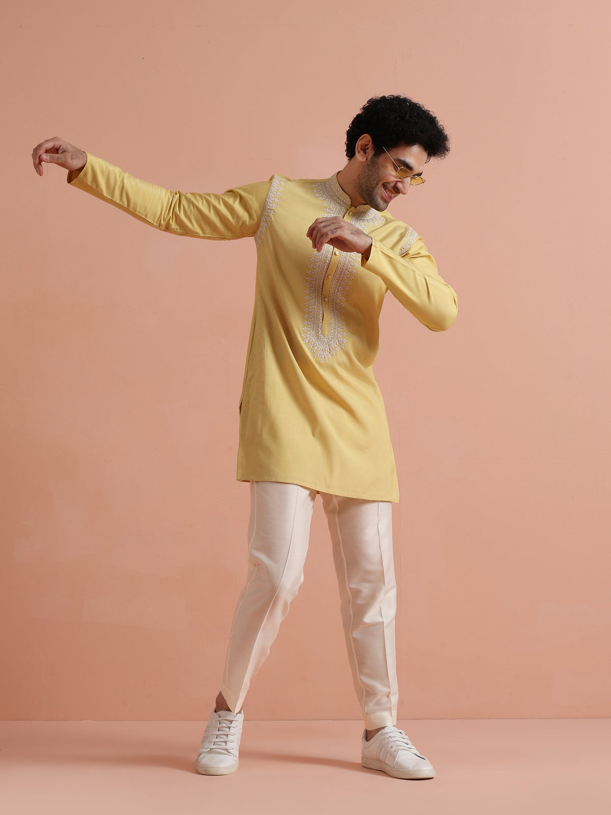 Yellow Poly Silk Embroidered Kurta