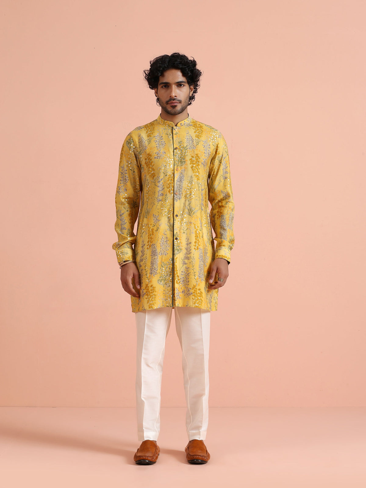 Yellow Floral Sequinned Mid Kurta