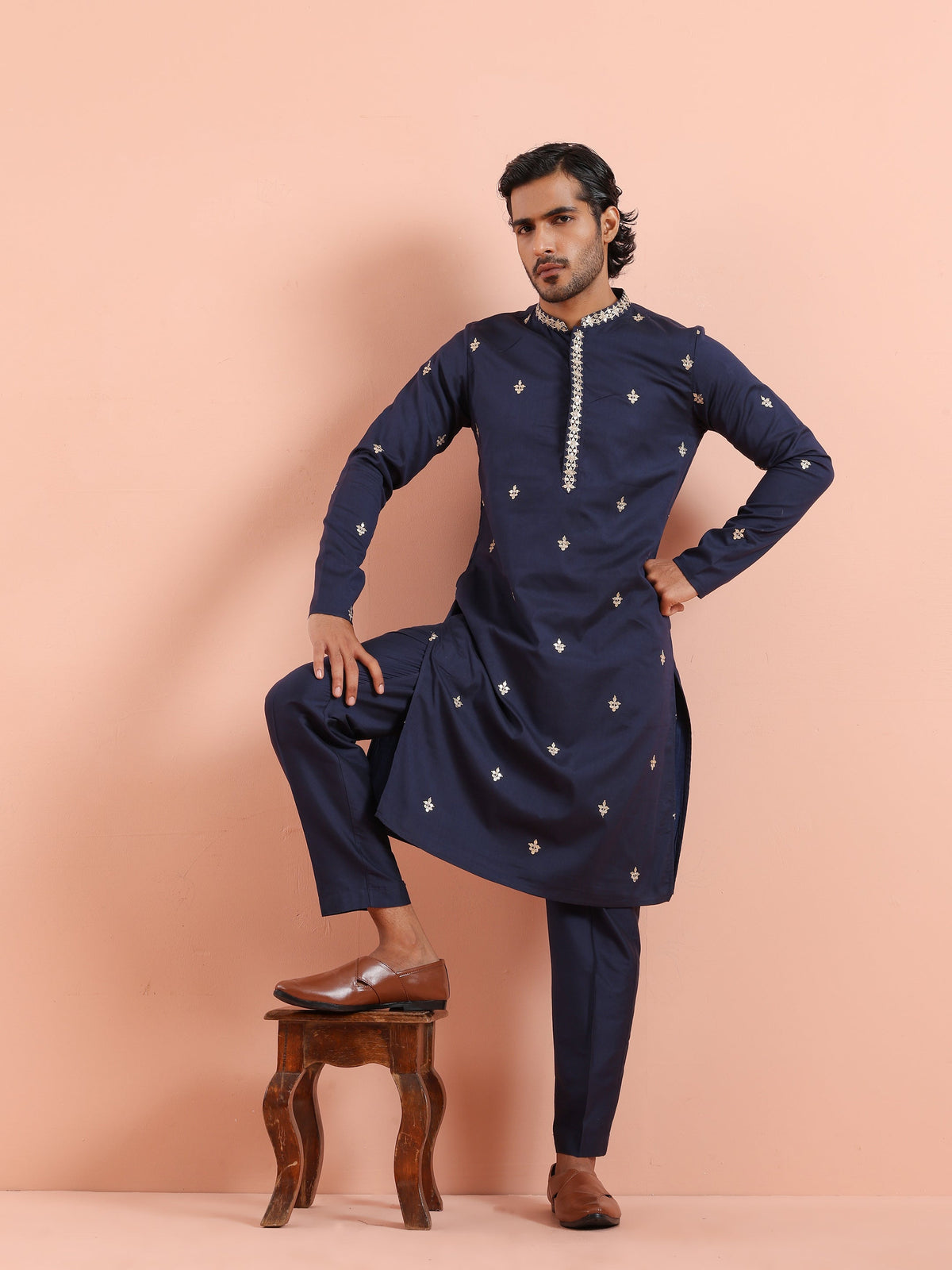 Navy Kurta with Delicate Embroidery