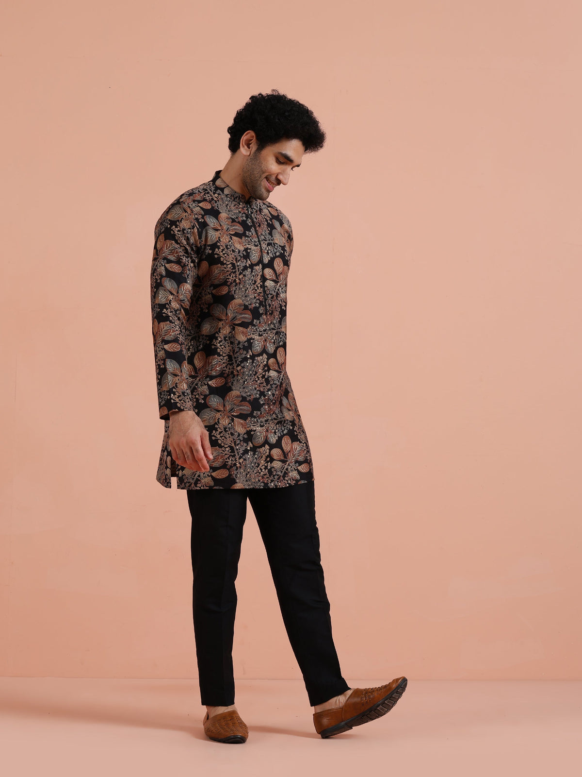 Black Kurta with Golden Floral Print