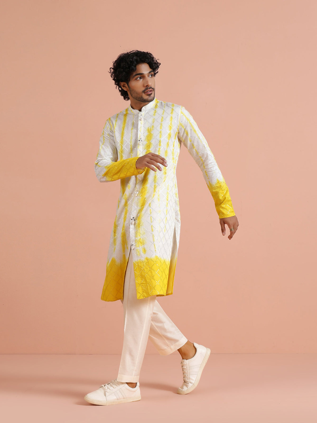 White & Yellow Ombre Printed Kurta