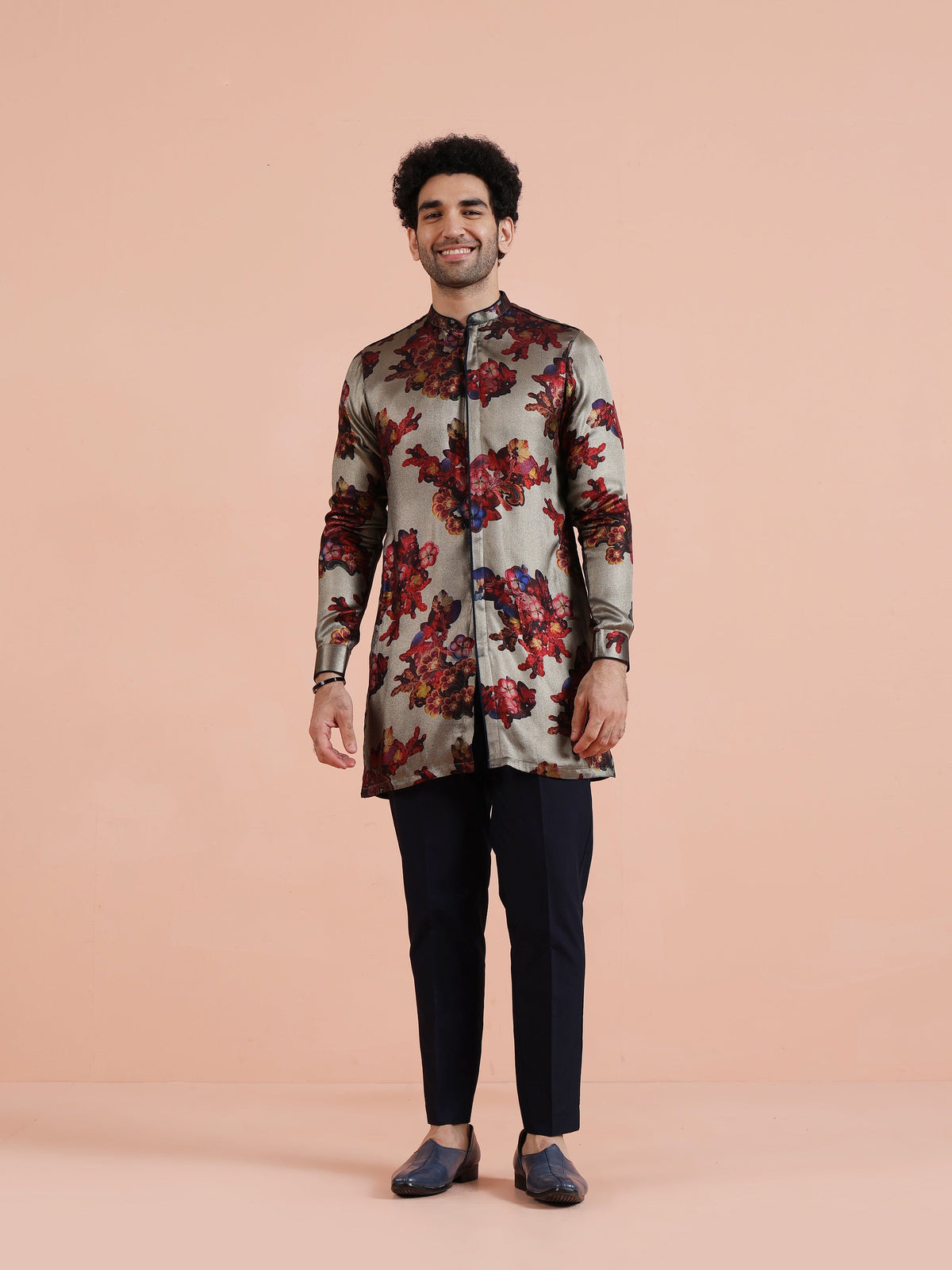 Grey Red Floral Printed Mid Kurta