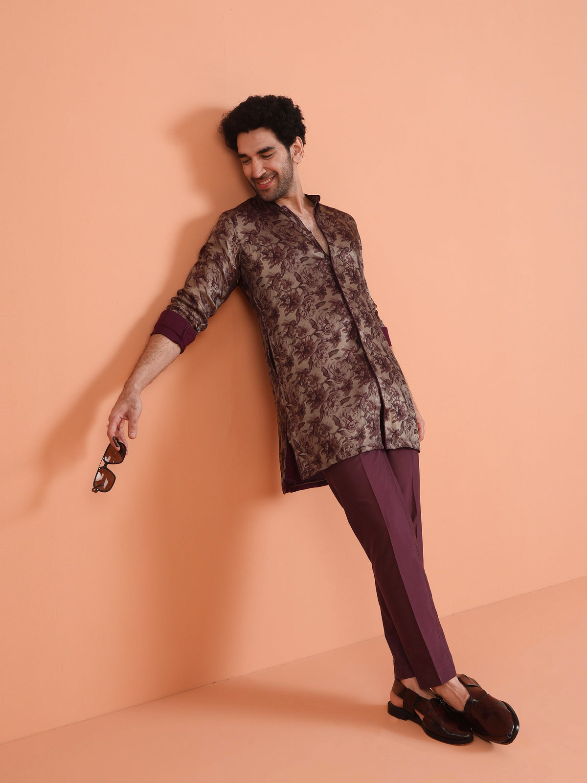 Wine Art Silk Floral Front Open Mid Kurta