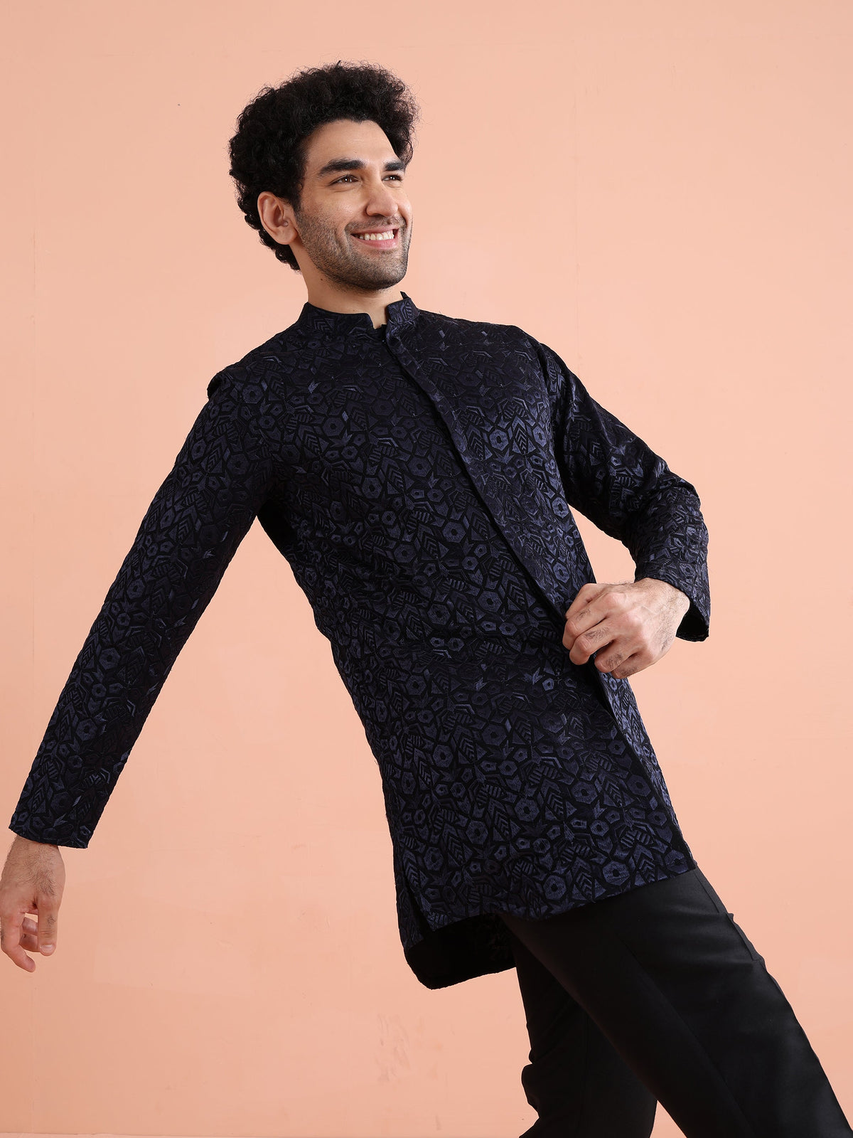 Navy Blue Velvet Embroidered Mid Kurta