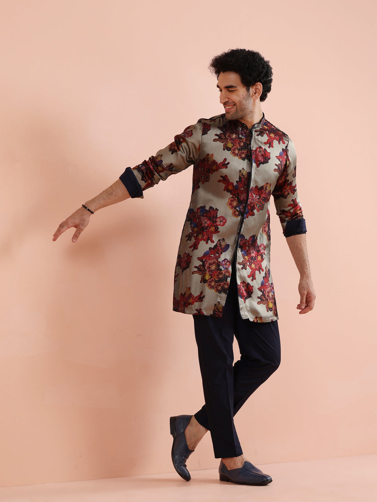 Grey Red Floral Printed Mid Kurta