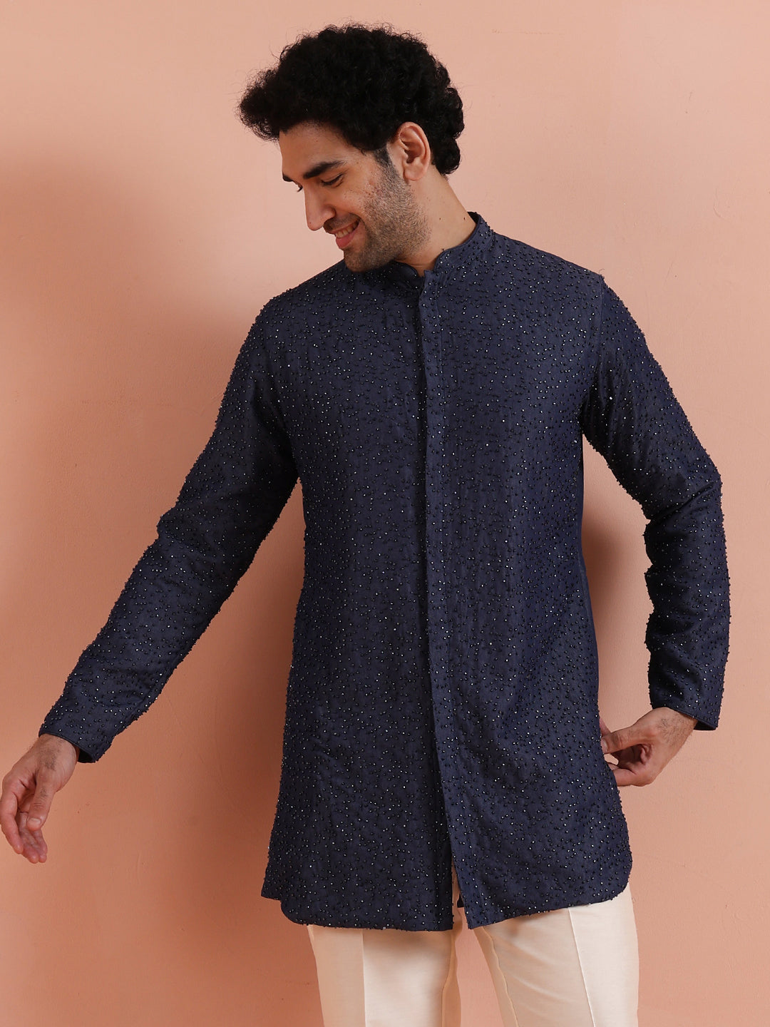 Navy Mid Kurta with Sequin Detailing