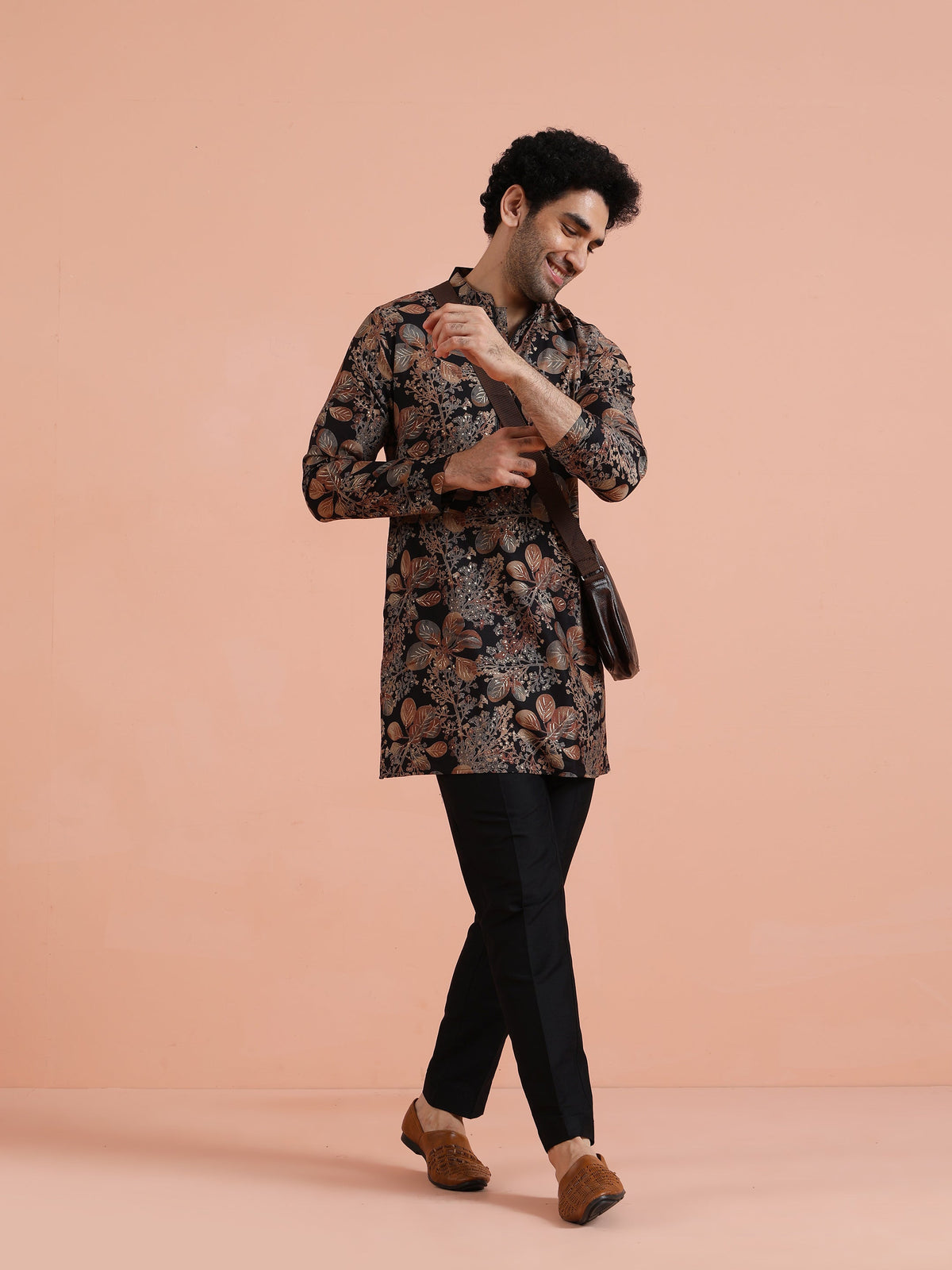 Black Kurta with Golden Floral Print