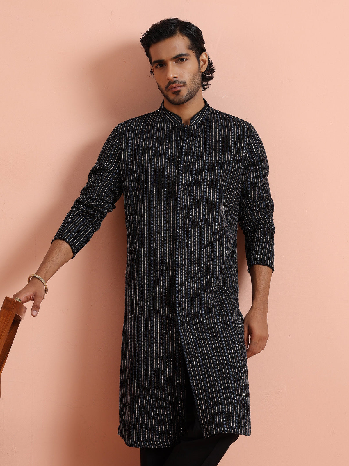 Black Silk Blend Mirror Work Kurta