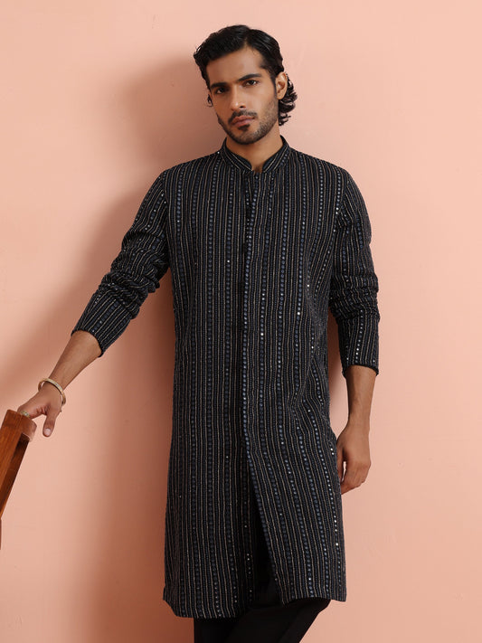 Black Silk Blend Mirror Work Kurta
