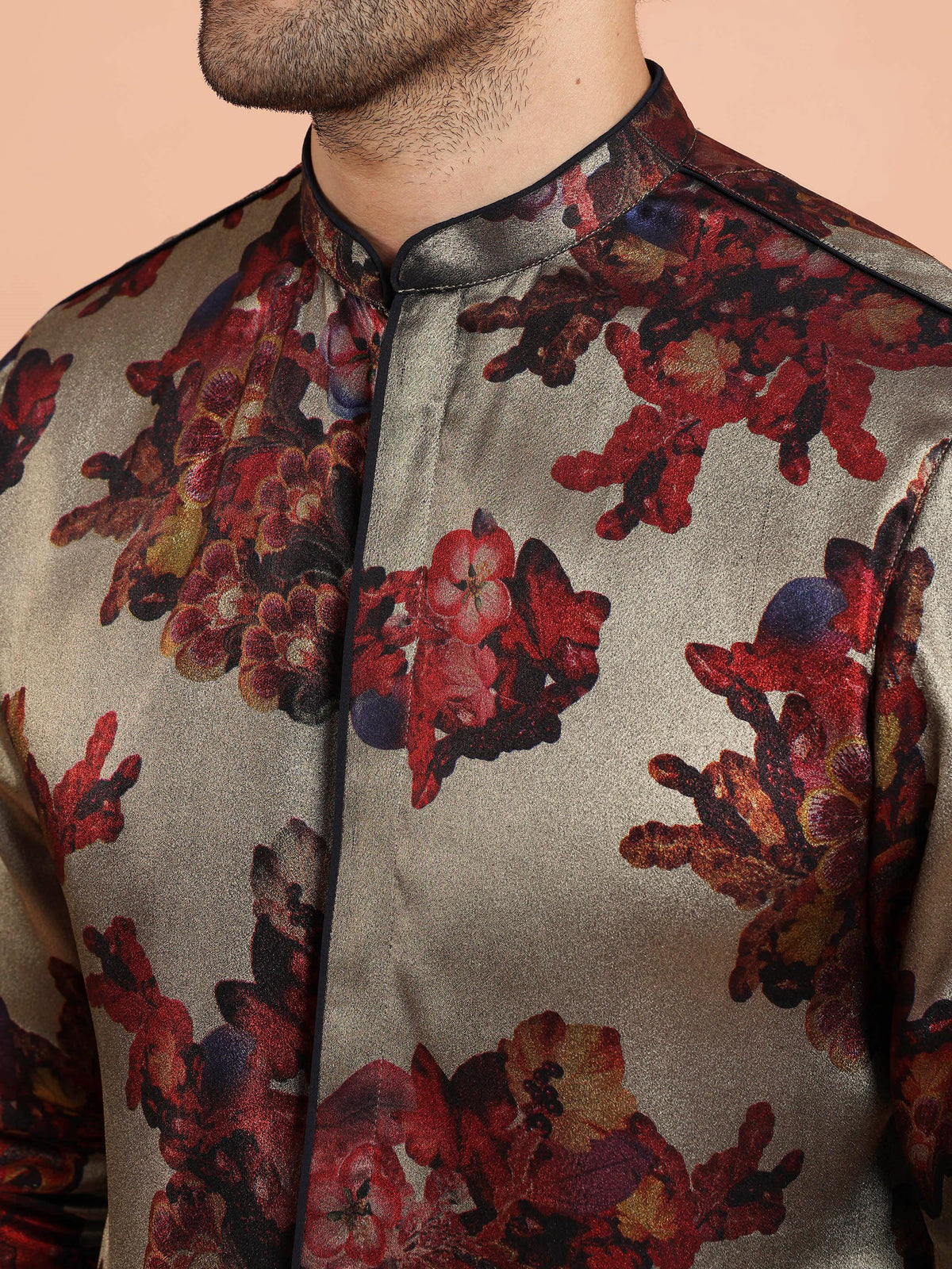 Grey Red Floral Printed Mid Kurta