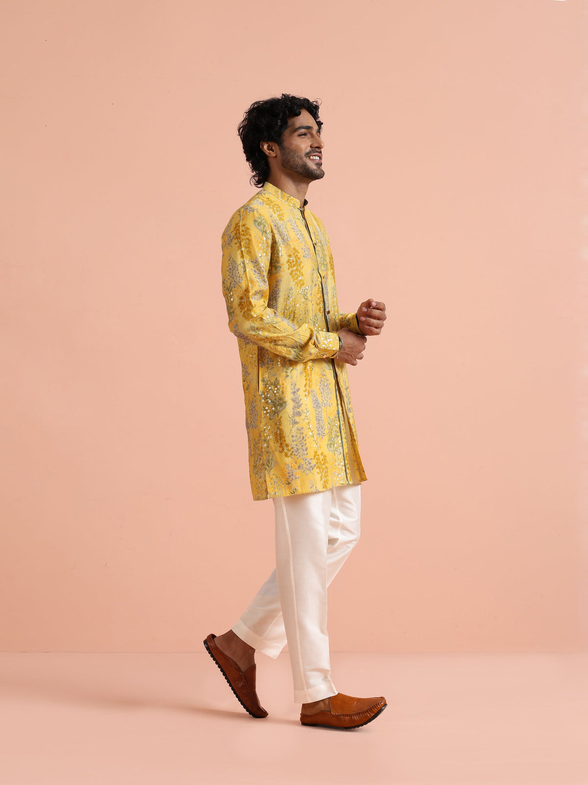 Yellow Floral Sequinned Mid Kurta