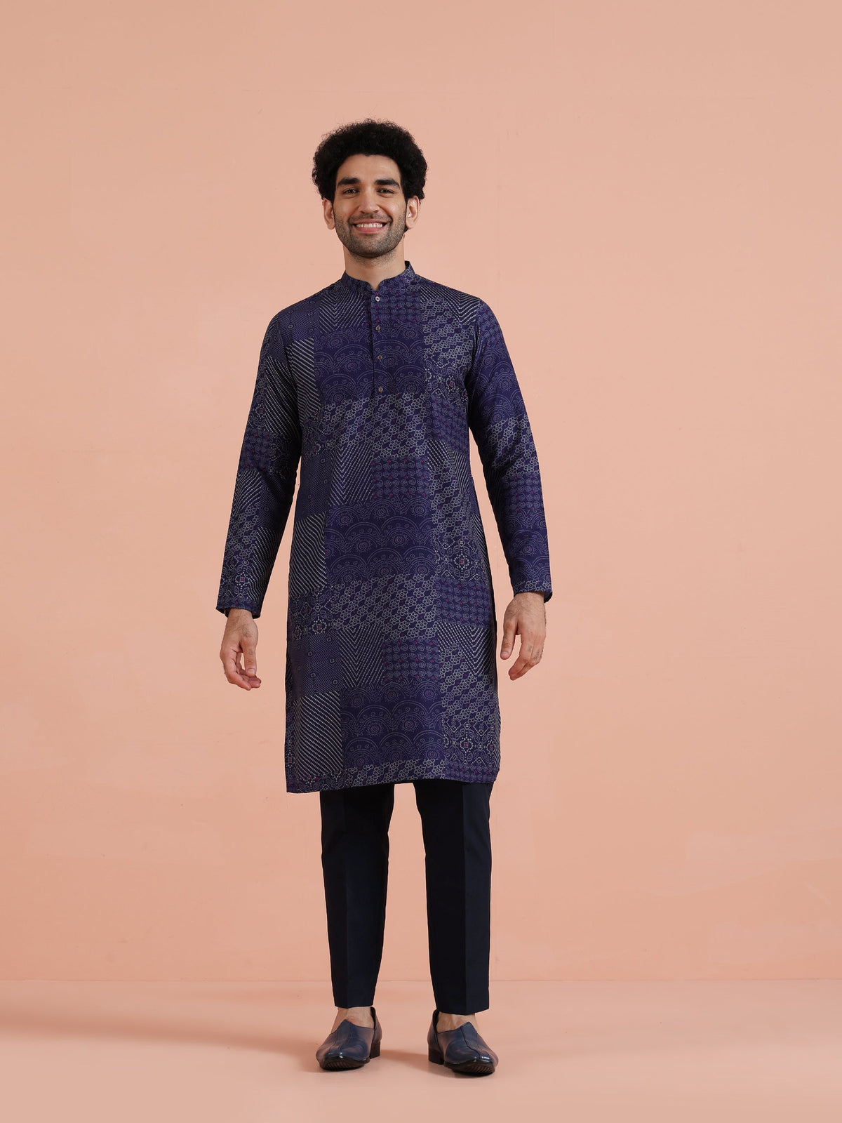 Navy Blue Art Silk Printed Long Kurta