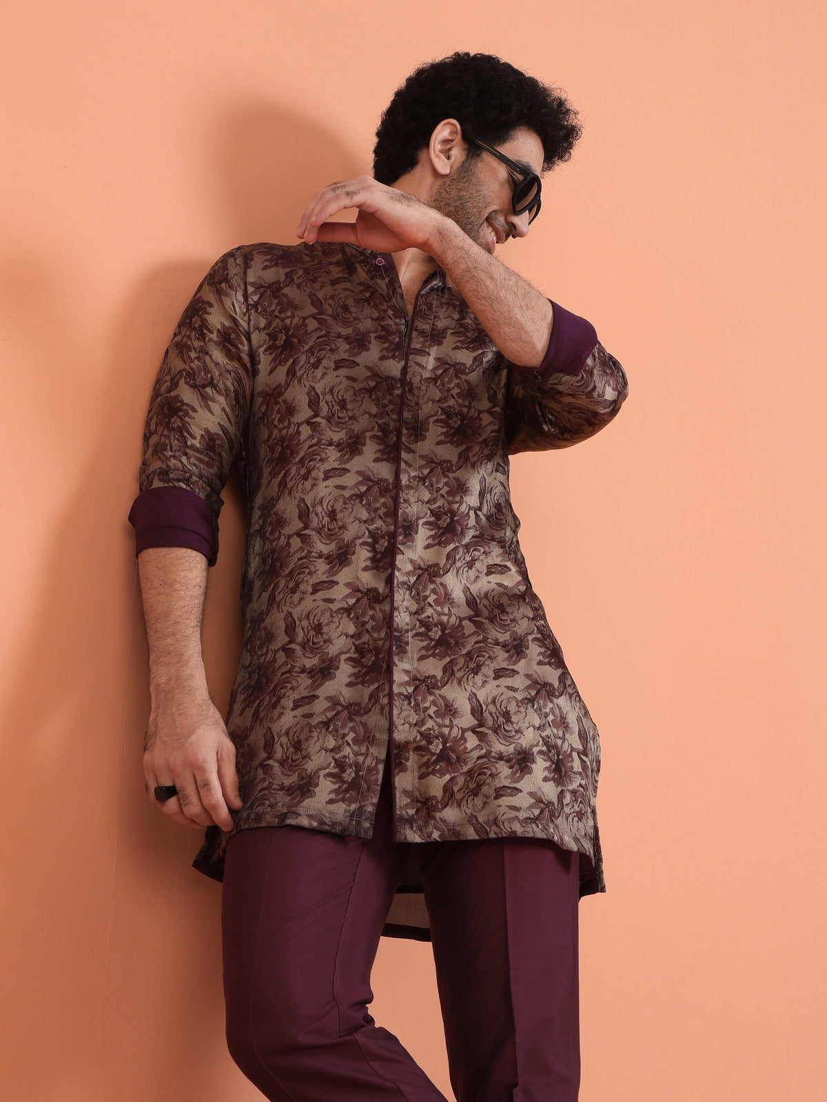 Wine Art Silk Floral Front Open Mid Kurta