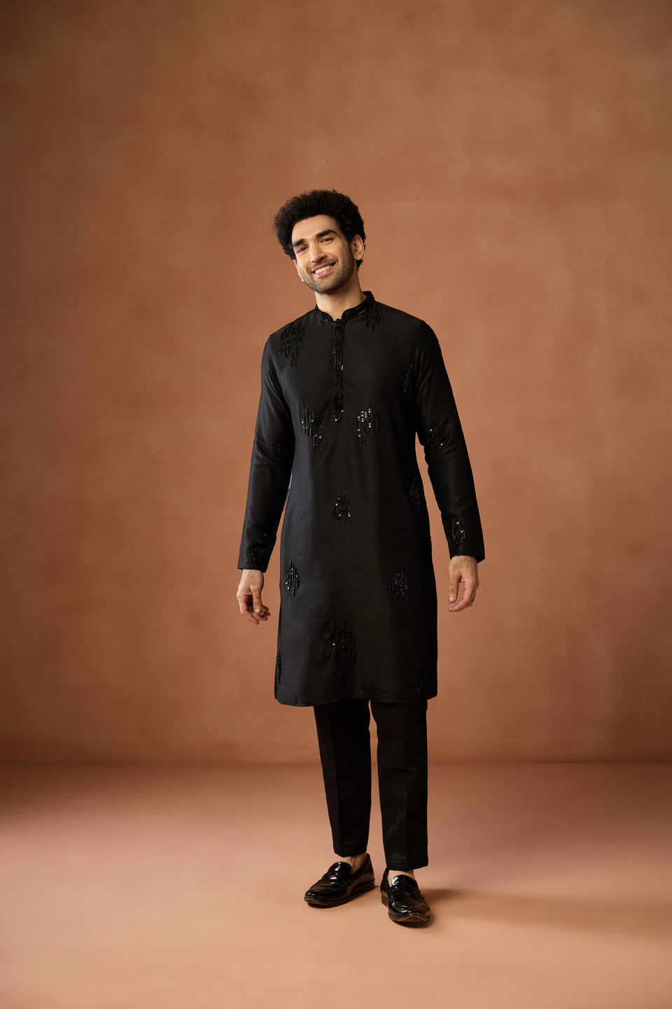 Black Silk Blend Beaded Long Kurta