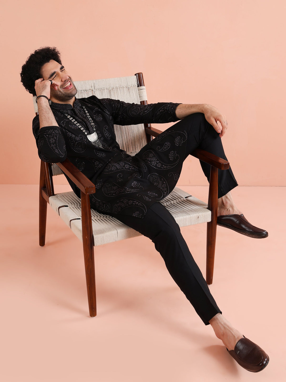 Black Embroidered Silk Blend Kurta