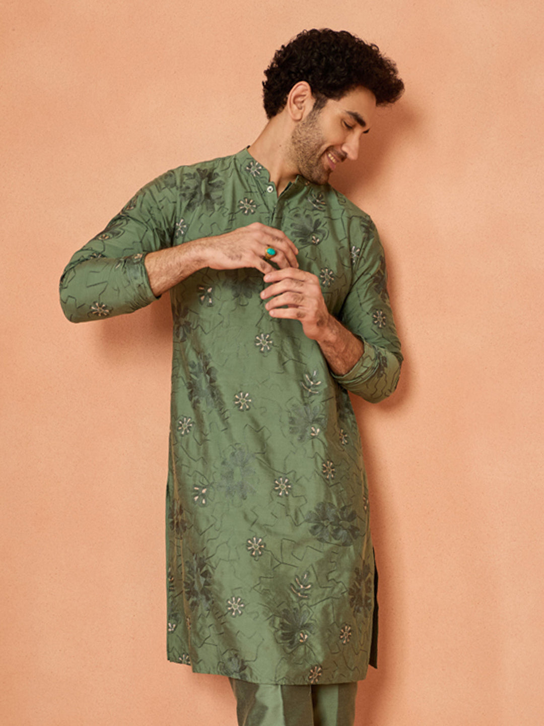 Green Floral Embroidered Silk Kurta