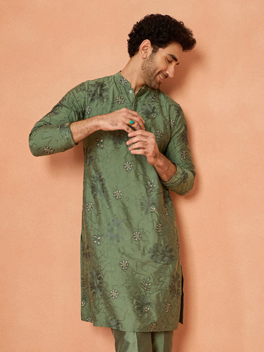 Green Floral Embroidered Silk Kurta