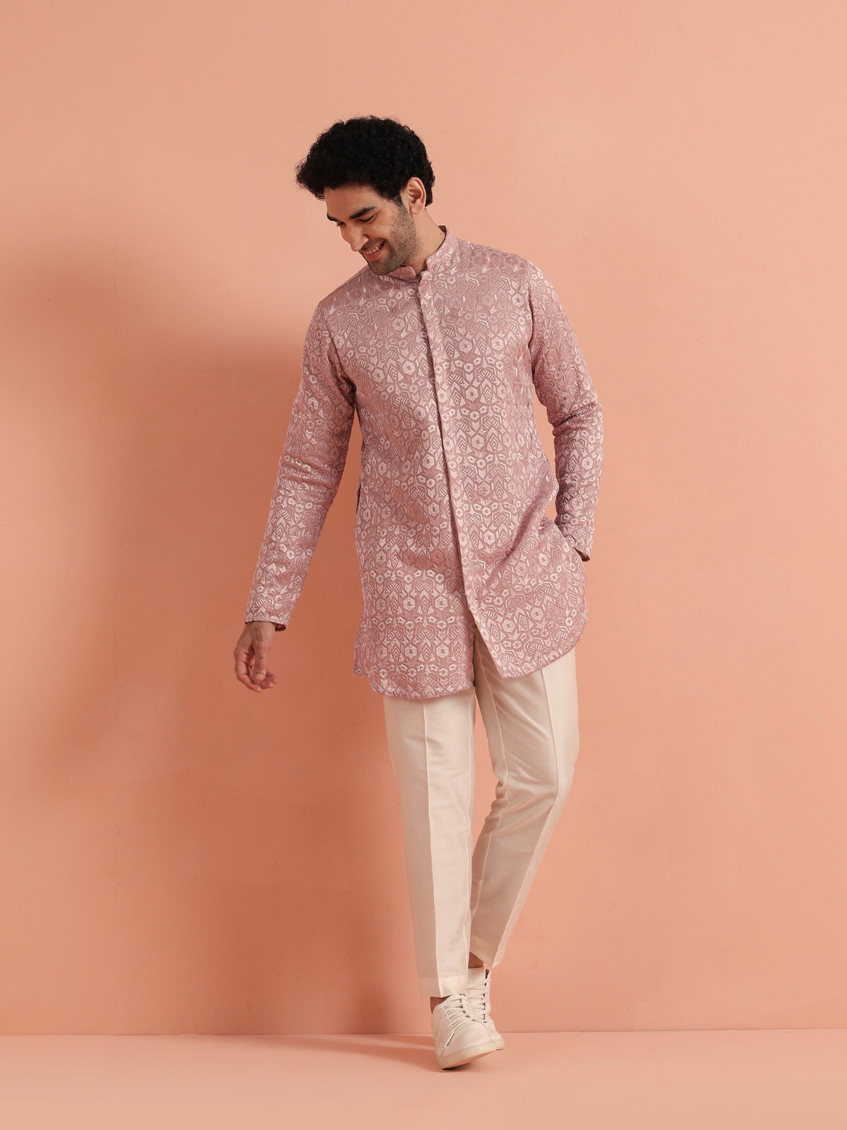 Pink Jacquard Silk Blend Mid Kurta