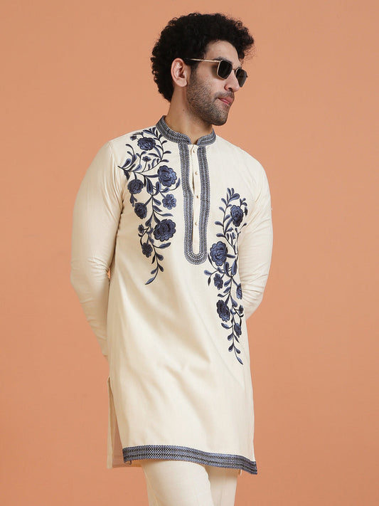 Cream Cotton Silk Embroidered Kurta