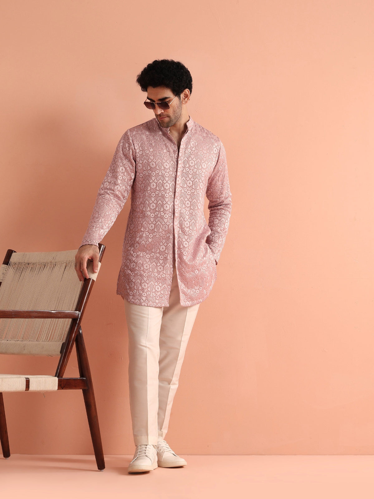 Pink Jacquard Silk Blend Mid Kurta