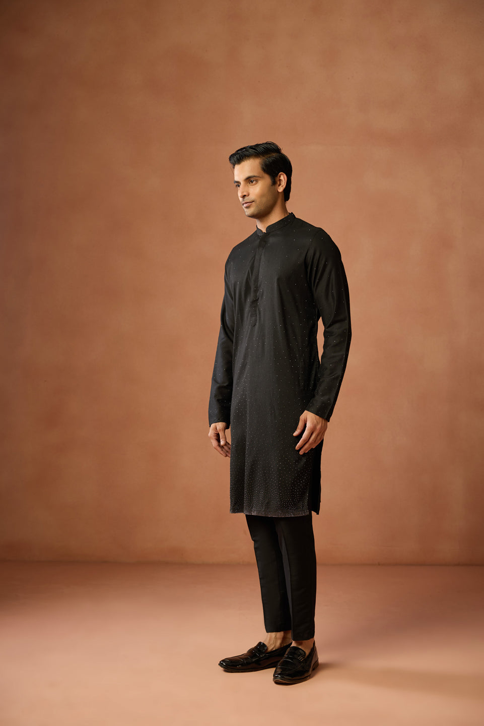 Black Silk Blend Embellished Long Kurta