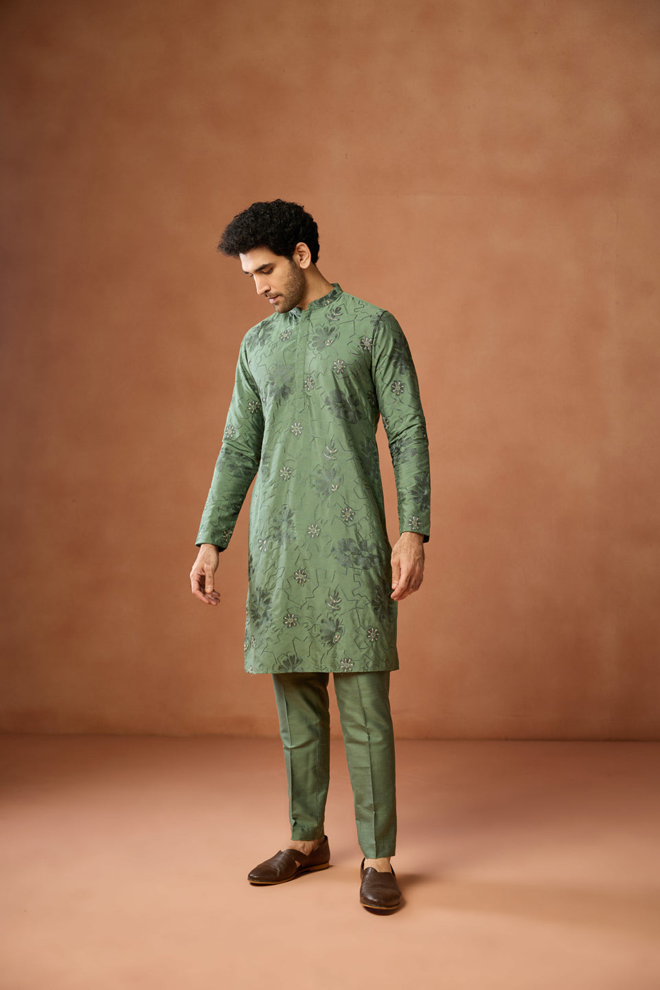 Green Floral Embroidered Silk Kurta