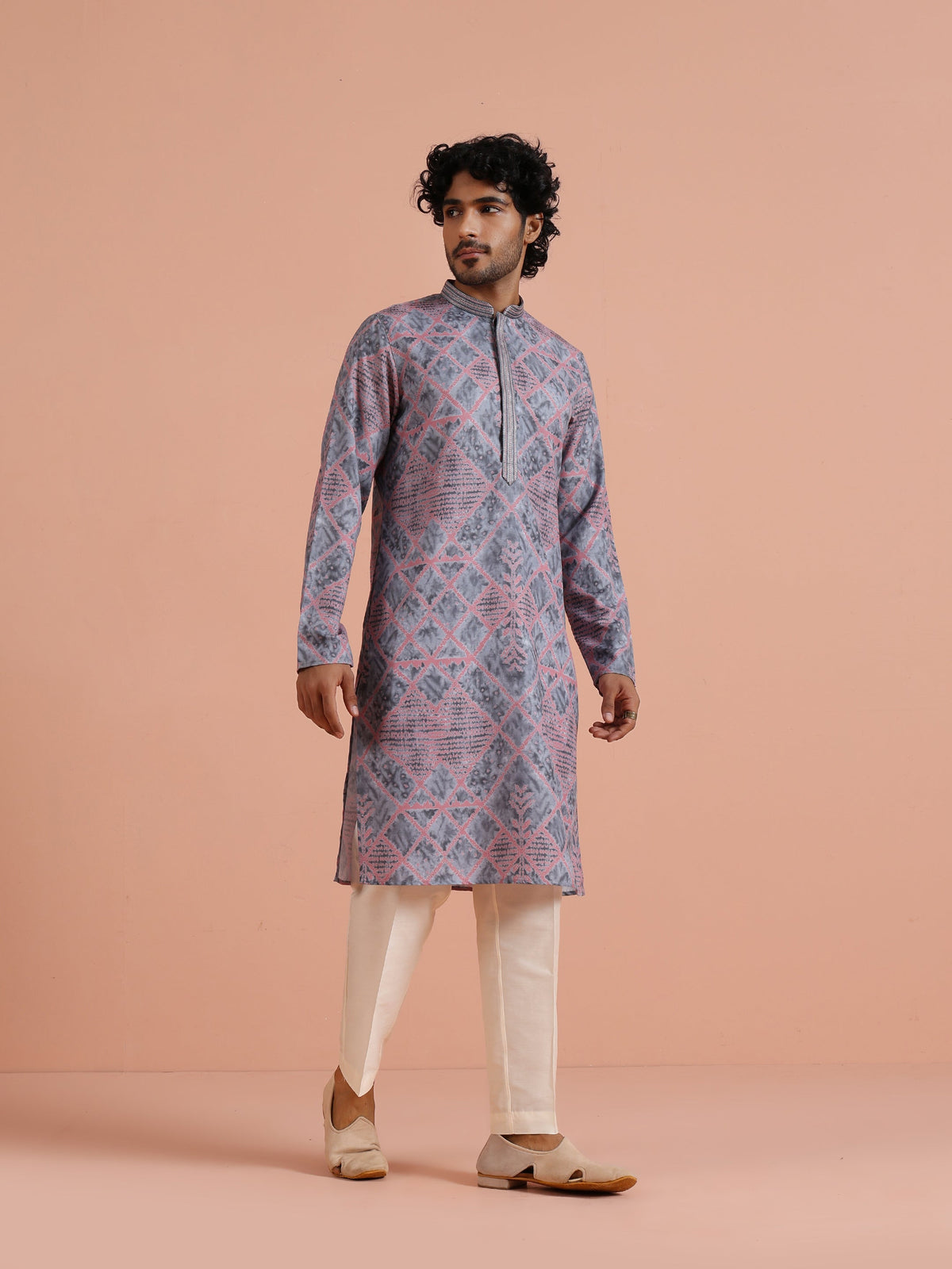 Grey & Pink Geometric Printed Kurta