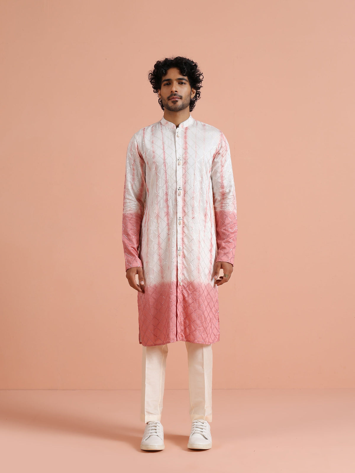 White & Pink Ombre Printed Kurta