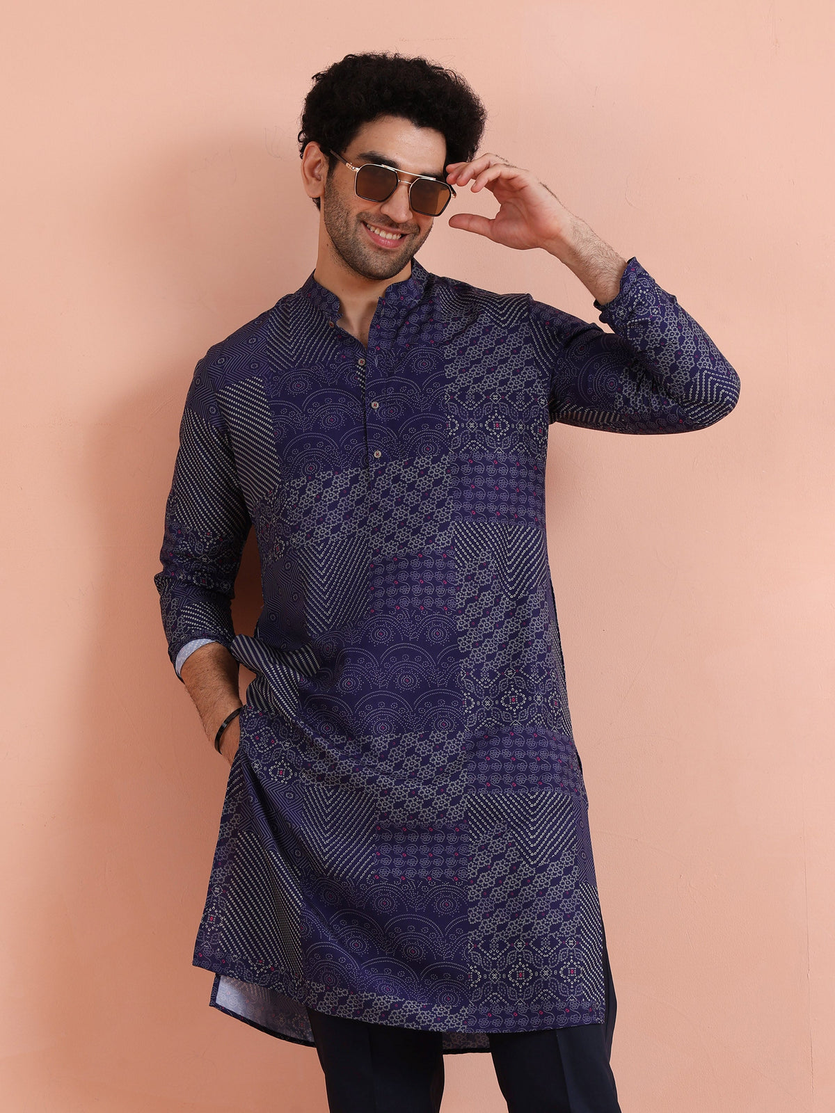 Navy Blue Art Silk Printed Long Kurta